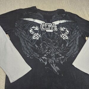 Vintage MMA Elite Shirt Men Large Waffle Knit Thermal Y2K Grim Reaper Skull